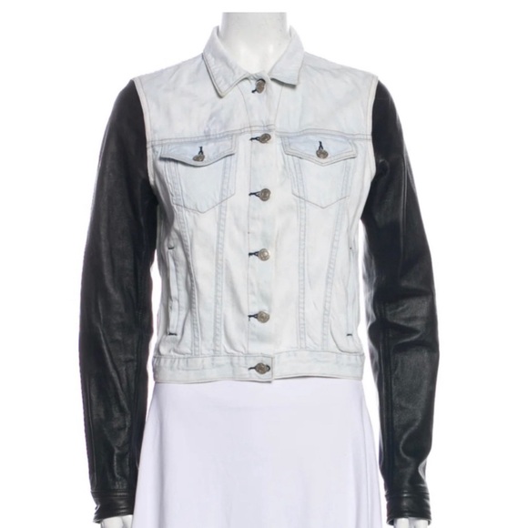 rag & bone Bleached Denim Jacket with Black Leather Sleeves - Picture 1 of 6
